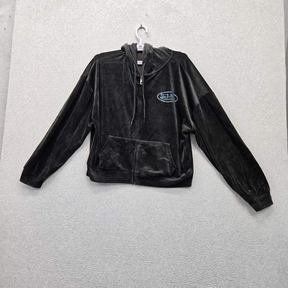 Von Dutch Women Jacket L Black Logo Velour Track Zipper Rhinestone